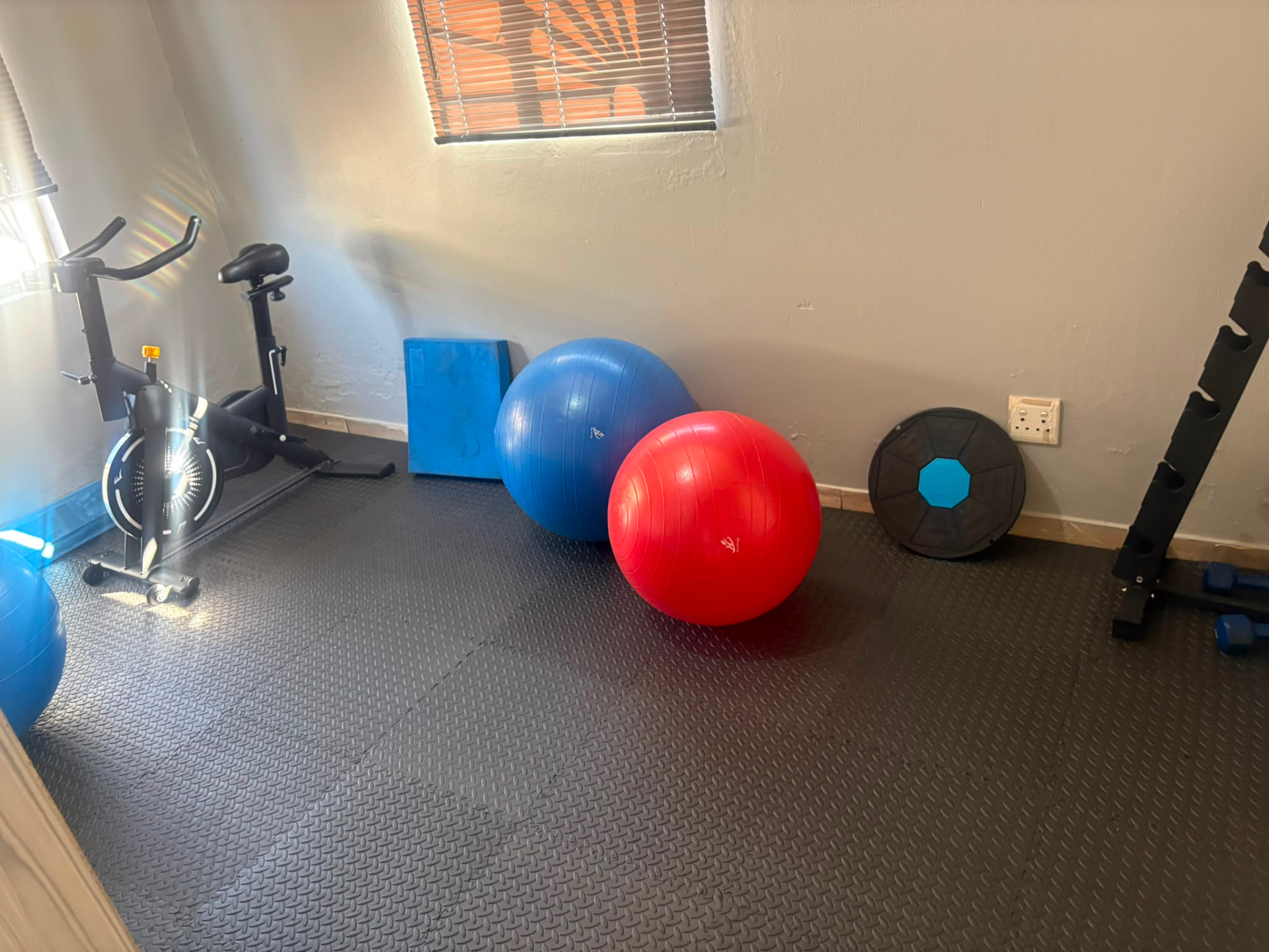 Rehabilitation gym with exercise bike, stability balls and balance board